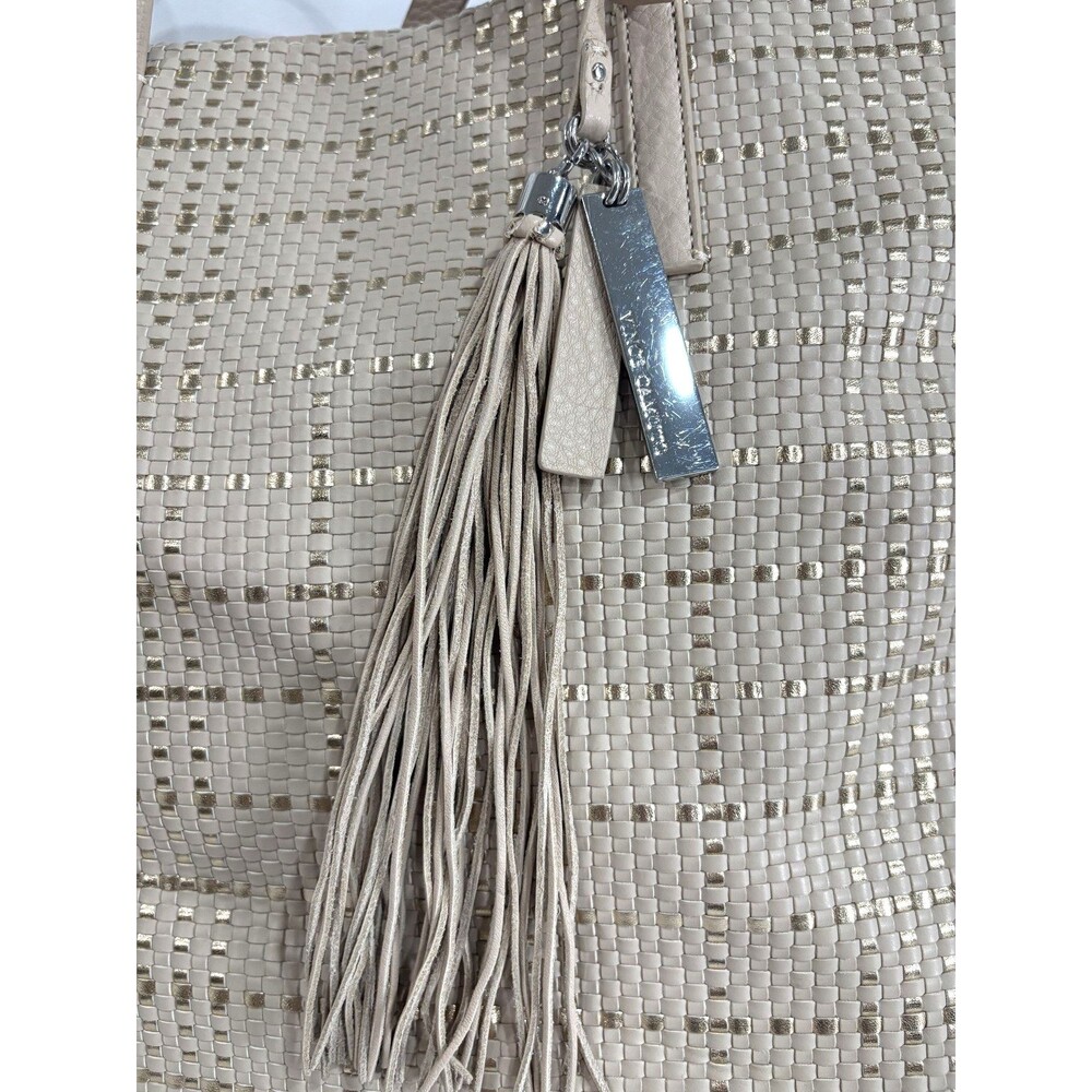 Vince Camuto Leather Woven Tote Handbag Hobo Bag Beige Gold tassel Charm *** - Picture 8 of 9
